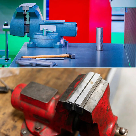Red vise holding 2.5 inch aluminum vise jaws with magnetic flat rubber pads, shown in a workshop setting.