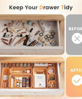 Top and bottom view of a drawer before and after organizing with 46 Piece Tool Box Organizer Set With 5 Size Tray Dividers Orange