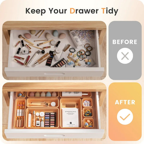 Top and bottom view of a drawer before and after organizing with 46 Piece Tool Box Organizer Set With 5 Size Tray Dividers Orange