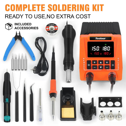 2-In-1 Soldering Station And Hot Air Rework Kit With Dual Channel Control, tools and accessories displayed