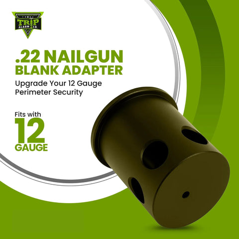 Olive Drab.22 Nailgun Blank Adapter For 12 Gauge Perimeter Trip Wire Alarms, showing cylindrical design and fitment details.