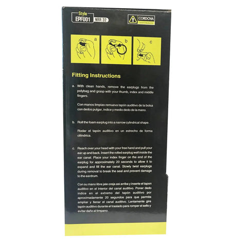Instruction panel for Orange Foam Ear Plugs Uncorded 200 Pack in Dispenser Box NRR 32 dB Polyurethane Hearing Protection.