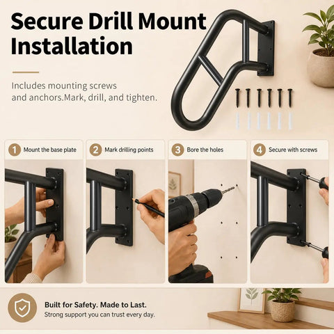 Rock Solid Wall Mount Handrail For One To Three Steps Outdoor Hella Durable Safety Railing installation steps on wall, includes mounting screws.