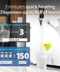 Ready In A Flash Heavy Duty Commercial Instant Hot Water Dispenser With Eighty Liter Capacity and Rapid Three Thousand Watt Layered Heating for Busy Cafes and Restaurants Plus Built In Filter and LED Digital Display showing quick heating, dispensing 80L of water in 3 minutes.