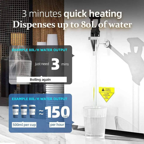 Ready In A Flash Heavy Duty Commercial Instant Hot Water Dispenser With Eighty Liter Capacity and Rapid Three Thousand Watt Layered Heating for Busy Cafes and Restaurants Plus Built In Filter and LED Digital Display showing quick heating, dispensing 80L of water in 3 minutes.