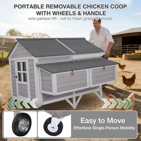 68 Inch Mobile Chicken Coop On Wheels For 8 To 12 Chickens, Wooden Hen House With 4 Nesting Boxes, shown in backyard setting