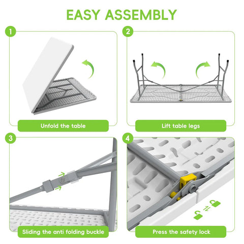 Easy assembly steps for Six Foot Folding Table With Two Benches, Portable Indoor Outdoor Party Table Set, focuses on safety locks.