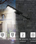Dusk To Dawn Solar Street Light 50000LM With Motion Sensor lit during rain, mounted on wall, showcasing weatherproof feature