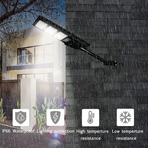 Dusk To Dawn Solar Street Light 50000LM With Motion Sensor lit during rain, mounted on wall, showcasing weatherproof feature