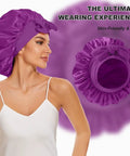 Silky Satin Sleep Bonnet With Adjustable Straps For Women in rich purple, non-slip fit on woman's head