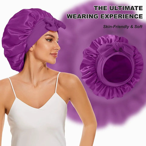 Silky Satin Sleep Bonnet With Adjustable Straps For Women in rich purple, non-slip fit on woman's head