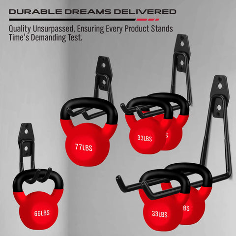 Heavy Duty Garage Tool Hook Set, 15-Piece Wall Mount Organizer Hangers shown with red weights of 33lbs to 77lbs.