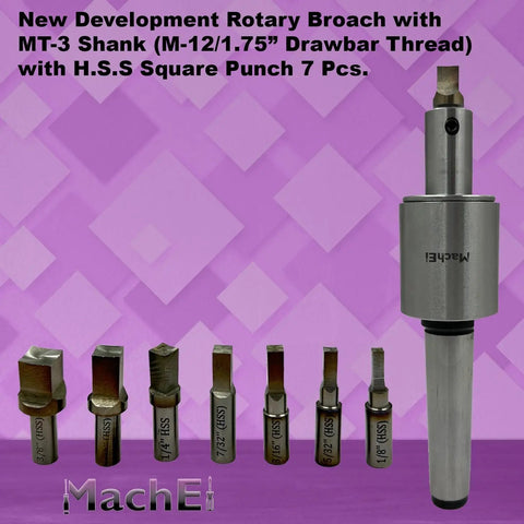 MT3 Shank Rotary Broach Set With 7 Piece HSS Square Punches and M12 x 1.75mm thread on purple background