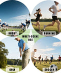 Image showing rugby, running, golf, and soccer scenes labeled 'Multi-Scene Use' for 12 Pack Football Boot Studs 0.51 Inch And 0.63 Inch Plastic Soccer Cleats Replacement Spikes With Nail Remover For Firm Surfaces Outdoor Training Rugby.