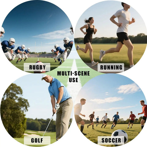 Image showing rugby, running, golf, and soccer scenes labeled 'Multi-Scene Use' for 12 Pack Football Boot Studs 0.51 Inch And 0.63 Inch Plastic Soccer Cleats Replacement Spikes With Nail Remover For Firm Surfaces Outdoor Training Rugby.