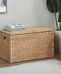 Rectangular Water Hyacinth Wicker Storage Trunk with iron wire frame, handwoven, in living room with books on top