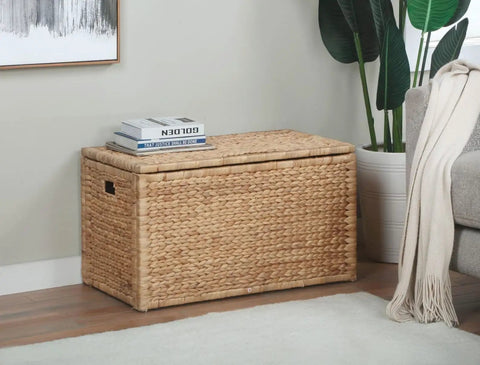 Rectangular Water Hyacinth Wicker Storage Trunk with iron wire frame, handwoven, in living room with books on top