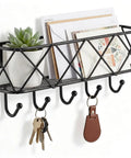 Wall Mounted Key Holder With Five Hooks And Metal Wire Mesh Mail Basket mounted on wall with keys and mail, black steel, 9.8x2.1x4.1 inches