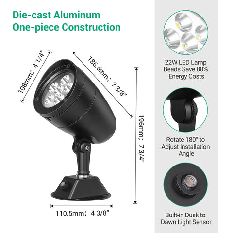 22W Dusk To Dawn Outdoor Spotlight With Photocell Sensor, 2832 Lumens 3000K Warm White, die-cast aluminum construction