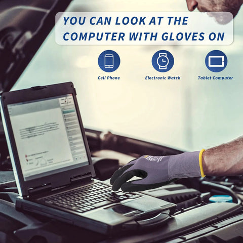 LOCCEF work glove with microfoam nitrile coating; grey nylon knit with palm dots, worn while typing on a laptop in a car