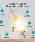 Diagram highlighting features of a 40 Watt Equivalent Frosted E12 LED Bulb Candle Candelabra CA10 with warm glow and dimmable function.