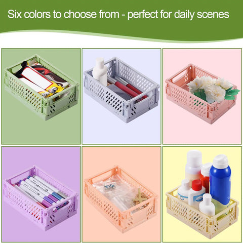 Pastel Plastic Storage Baskets 6 Pack Collapsible Crates with items for organizing small spaces
