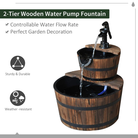 Go-To Wood Freestanding Two Tier Waterfall Barrel Fountain With Electric Pump For Garden Decor, classic faucet design image.
