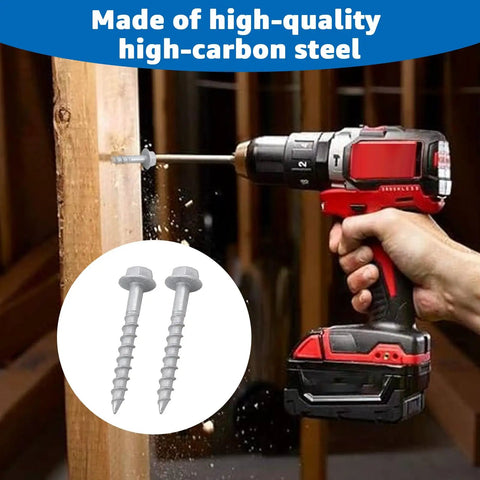 Heavy Duty Joist Hanger Screws Size Nine By One Point Five Inch Structural Fasteners being installed with a drill.