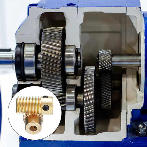 Brass Worm Gear Set 0.5 Module 20 to 1 Reduction with 5mm Shaft Bore and 4mm Gear Wheel Bore, 20 Teeth in gearbox