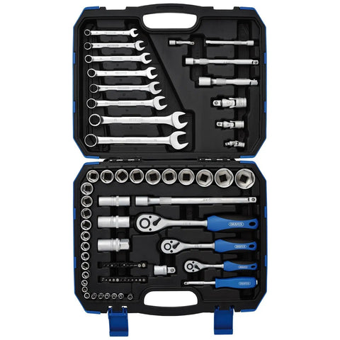 Open blue case showing Six Point Socket Set With One Quarter Inch, Three Eighths Inch And One Half Inch Square Drive Metric Tool Kit