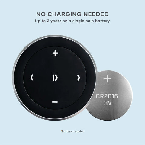 Bluetooth Media Button With Steering Wheel Mount For Cars And Bikes, wireless play pause and skip with battery shown