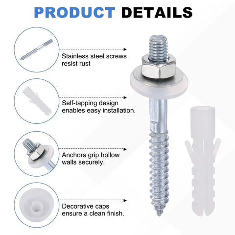 Heavy Duty Basin Mounting Screws And Bolts Kit For Wall Mounted Sinks Self Tapping Screws Bolts Washers 2 Sets With Nuts Expansion Anchors And Instruction Manual Perfect For Bathroom Sink Install stainless steel screw and anchor detail
