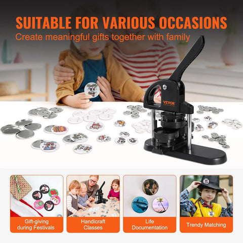 VEVOR button maker machine with ergonomic arc handle, black on white table with button parts (sizes 25/32/58 mm)