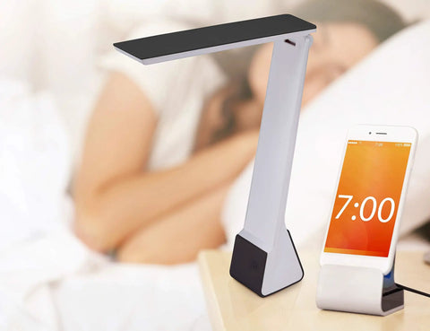 Rechargeable LED Desk Lamp With 3 Color Temperatures, Flip Open Head, Portable Battery Power, USB Cable, Black next to bed and phone