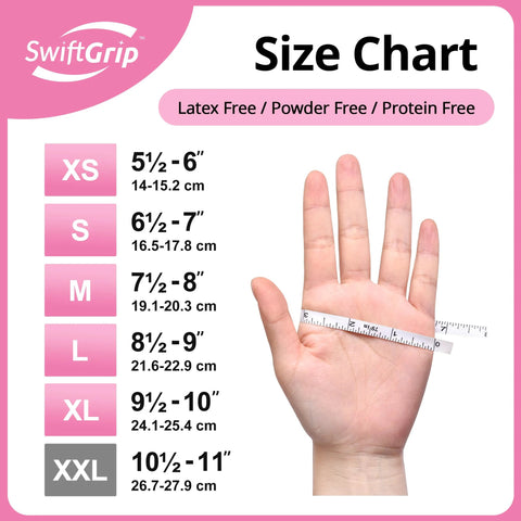 Front view of a hand with measuring tape, SwiftGrip pink nitrile gloves size chart XS-XXL; latex-free, 3-mil