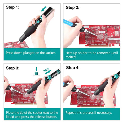 Desoldering Wick And Vacuum Pump Kit instructions showing a step-by-step guide for quick circuit board rework and clean solder removal.