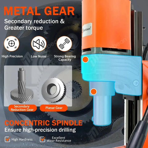 Heavy Duty Magnetic Drill Press 1400W With Solid Copper Motor For Extreme Power showing metal gears with low noise and strong bearing capacity.