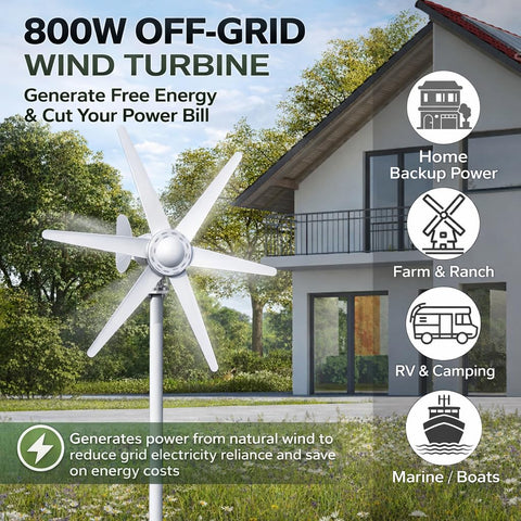 800W Horizontal Wind Turbine Generator With 12V 24V Output, 6 Nylon Blades, Built In Controller, Off Grid Home Yard Farm RV Power