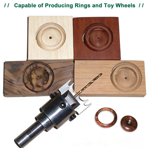 Easy Ring Making Drill Bit Set for Wood, 34 Piece Kit With 16 to 23 mm Blades, showcasing wooden rings and alloy bit