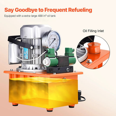 VEVOR 10000 PSI hydraulic electric pump with 750W copper motor, double-acting, on orange 8L hydraulic power pack