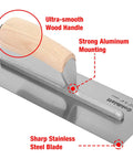 Close-up of Carbon Steel Drywall Trowel with wood handle, aluminum mounting, and sharp stainless steel blade.