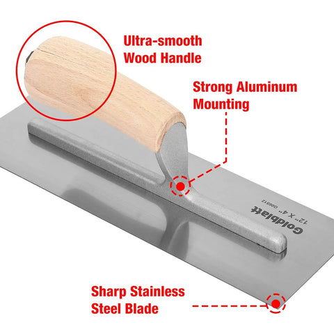 Close-up of Carbon Steel Drywall Trowel with wood handle, aluminum mounting, and sharp stainless steel blade.
