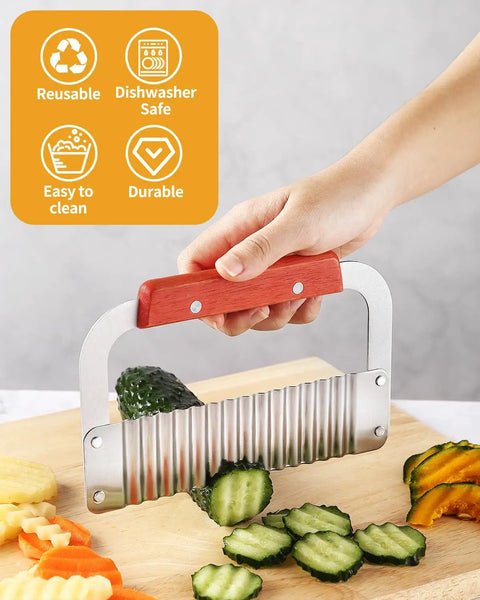 Heavy Duty Crinkle Cutter For Potatoes And Veggies Stainless Steel With Wooden Handle Rust Resistant Wavy Knife in use on cucumber