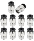 Ten Pack Push to Connect Pneumatic Fittings for 0.16 Inch OD Tubing, One Eighth NPT Male Straight Adapters, Nickel Plated Brass Quick Connect Air Fittings for Pneumatic Systems, Black, arranged in two rows.