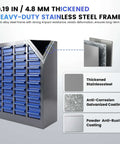 Beefy Heavy Duty Bolt Bin Organizer With 40 Drawers, ABS Plastic Parts Cabinet, blue drawers shown, stainless steel frame details.