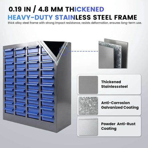 Beefy Heavy Duty Bolt Bin Organizer With 40 Drawers, ABS Plastic Parts Cabinet, blue drawers shown, stainless steel frame details.