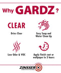Gardz Water-Based Problem Surface Sealer 1 Gal key features include clear drying, easy cleanup, and low odor.