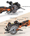 DOVAMAN orange/black circular saw, 4-1/2 in, with laser, metal auxiliary handle, base plate, and six blades.