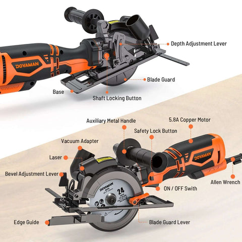 DOVAMAN orange/black circular saw, 4-1/2 in, with laser, metal auxiliary handle, base plate, and six blades.