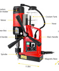 Heavy Duty Magnetic Drill Press Featuring Beefy 1650 Watt Motor And Rock Solid Electromagnetic Grip For Smooth One Point Six Inch Steel Core Drilling On Job Sites, showing controls and key components.